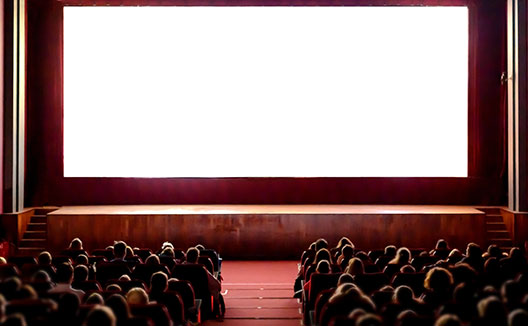 The interior of a cinema full of seated people
